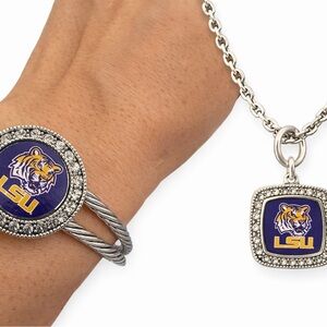 Silver LSU Logo Bracelet and Necklace Set Game Day Bundle